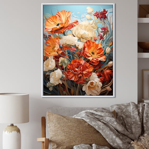 Designart "Summer Flower Bouquet in Orange Harmony" Floral Framed Wall Art - Traditional Orange Flowers Living Room Framed Canvas Art