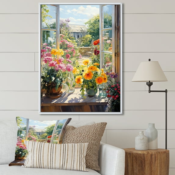 Designart "Summer Flowers from Farmhouse Windows I" Floral Framed Wall Art - Traditional Yellow Window Entryway Framed Wall Art Print