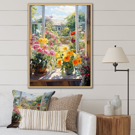 Designart "Summer Flowers from Farmhouse Windows I" Floral Framed Wall Art - Traditional Yellow Window Entryway Framed Wall Art Print
