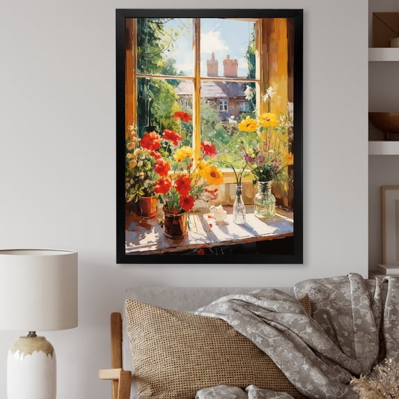 Designart "Summer Flowers from Farmhouse Windows III" Floral Framed Wall Art - Traditional Yellow Window Hallway Framed Wall Art Decor