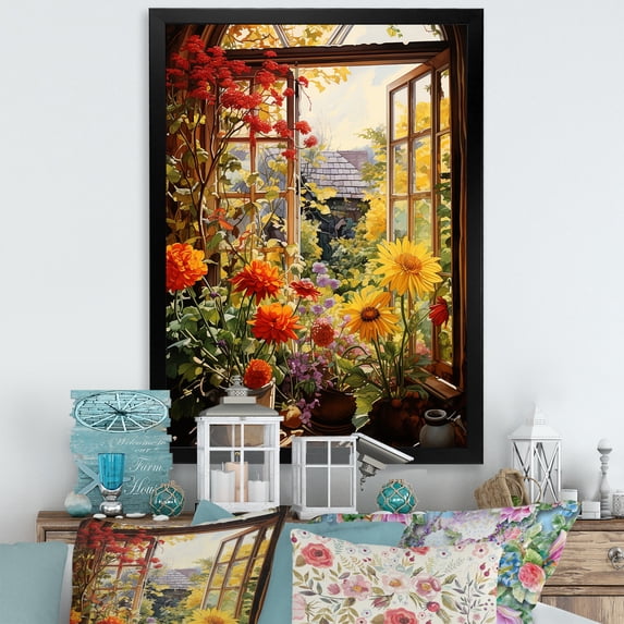 Designart "Summer Flowers from Farmhouse Windows V" Floral Framed Wall Art - Traditional Yellow Window Bedroom Framed Canvas Wall Art