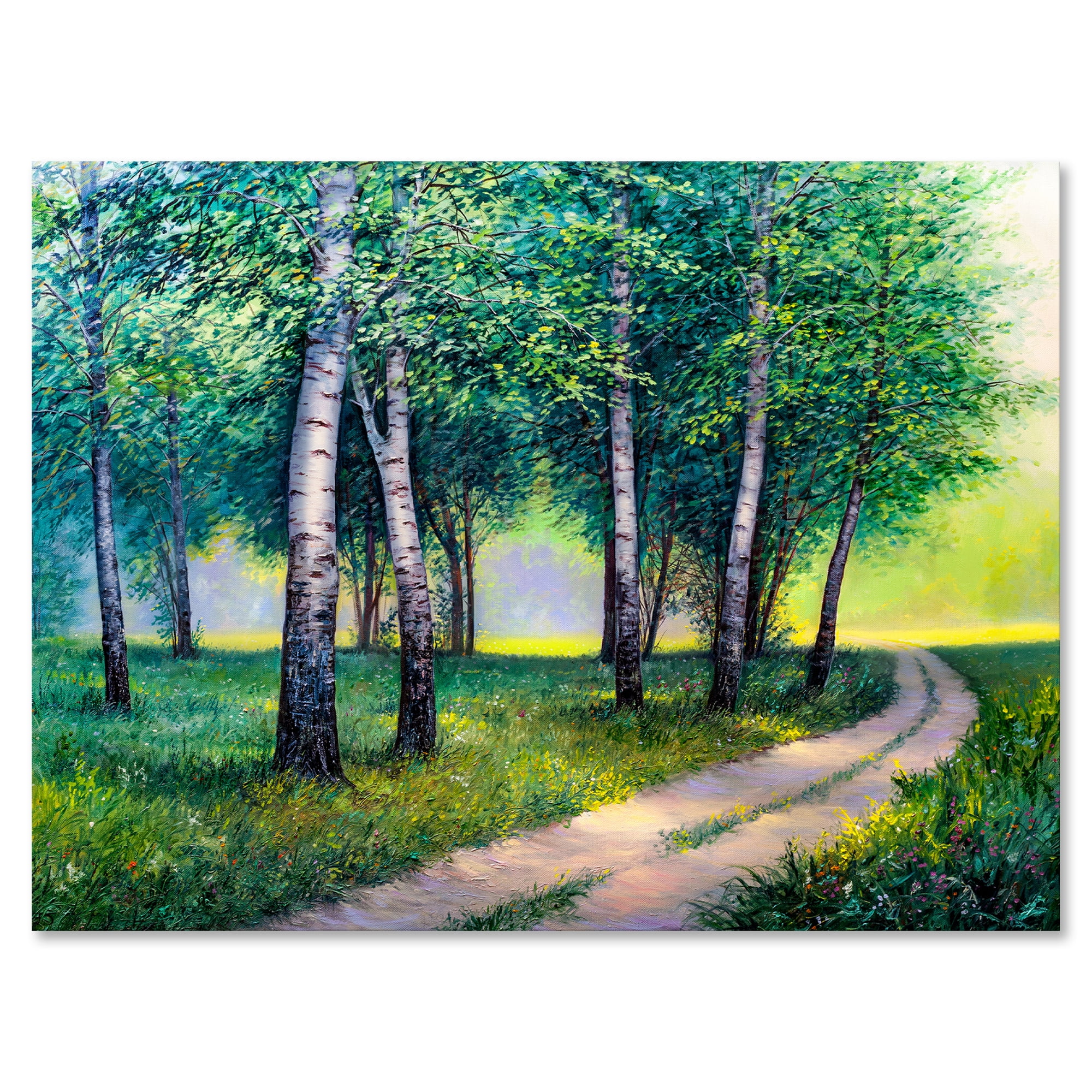 Designart ' Summer Forest Path By The Birches ' Lake House Canvas Wall Art Print