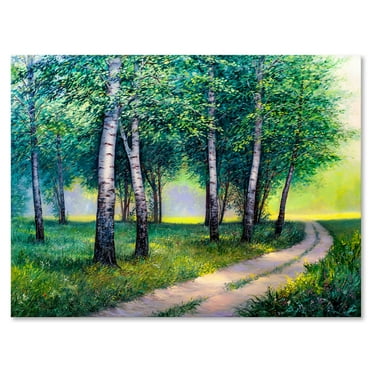 Designart ' Summer Forest Path By The Birches ' Lake House Canvas Wall Art Print