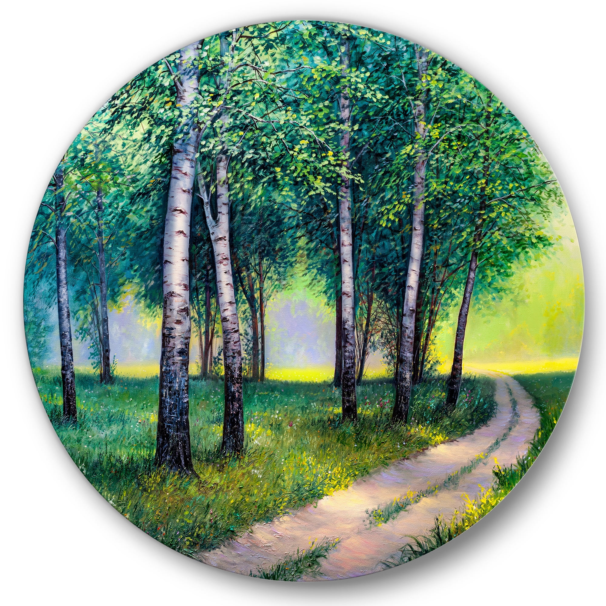 Designart 'Summer Forest Path By The Birches' Lake House Circle Metal Wall Art 36x36 - Disc of 36