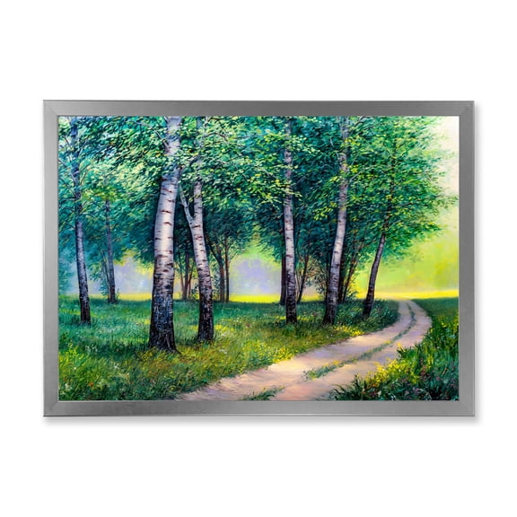 Designart 'Summer Forest Path By The Birches' Lake House Framed Art Print