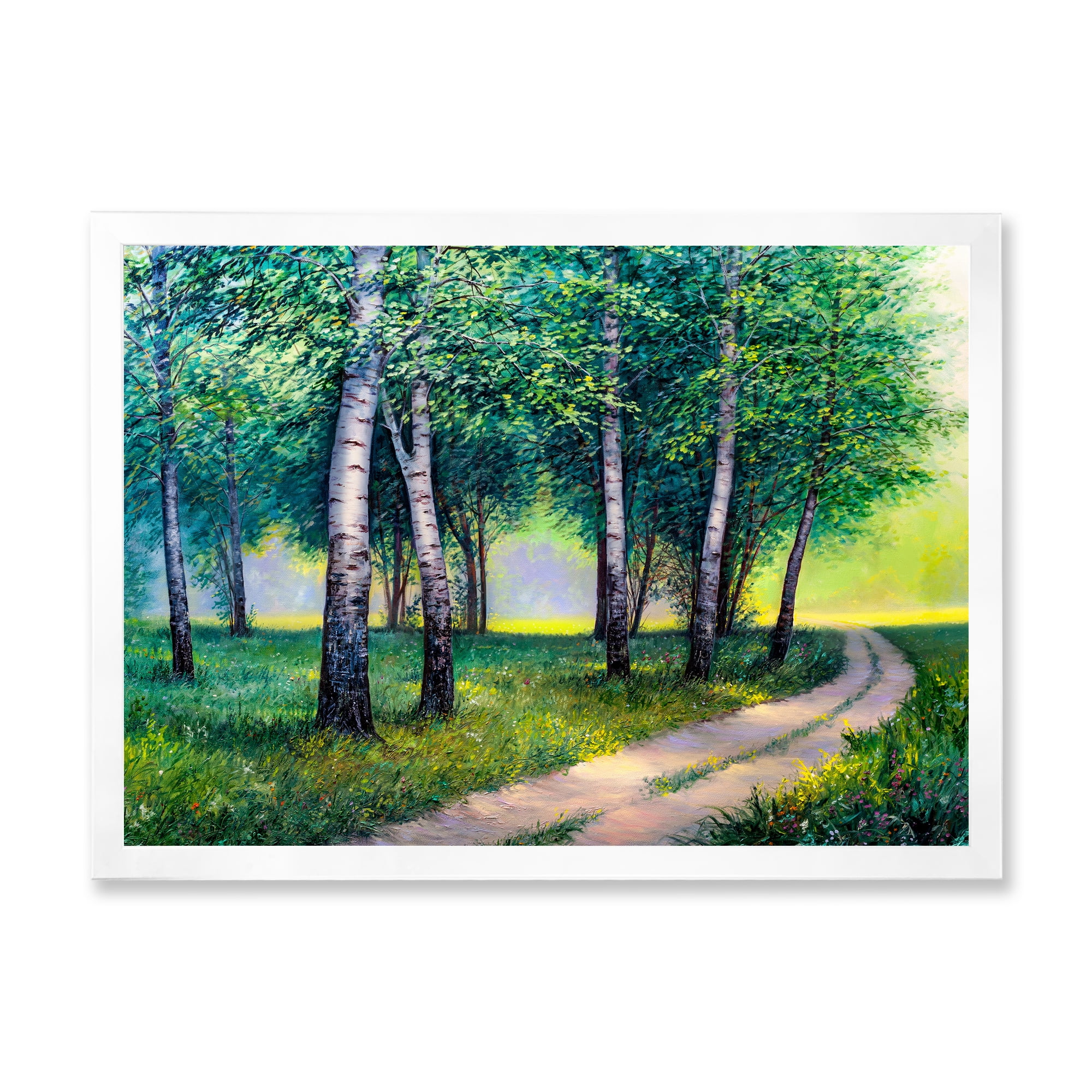 Designart 'Summer Forest Path By The Birches' Lake House Framed Art Print