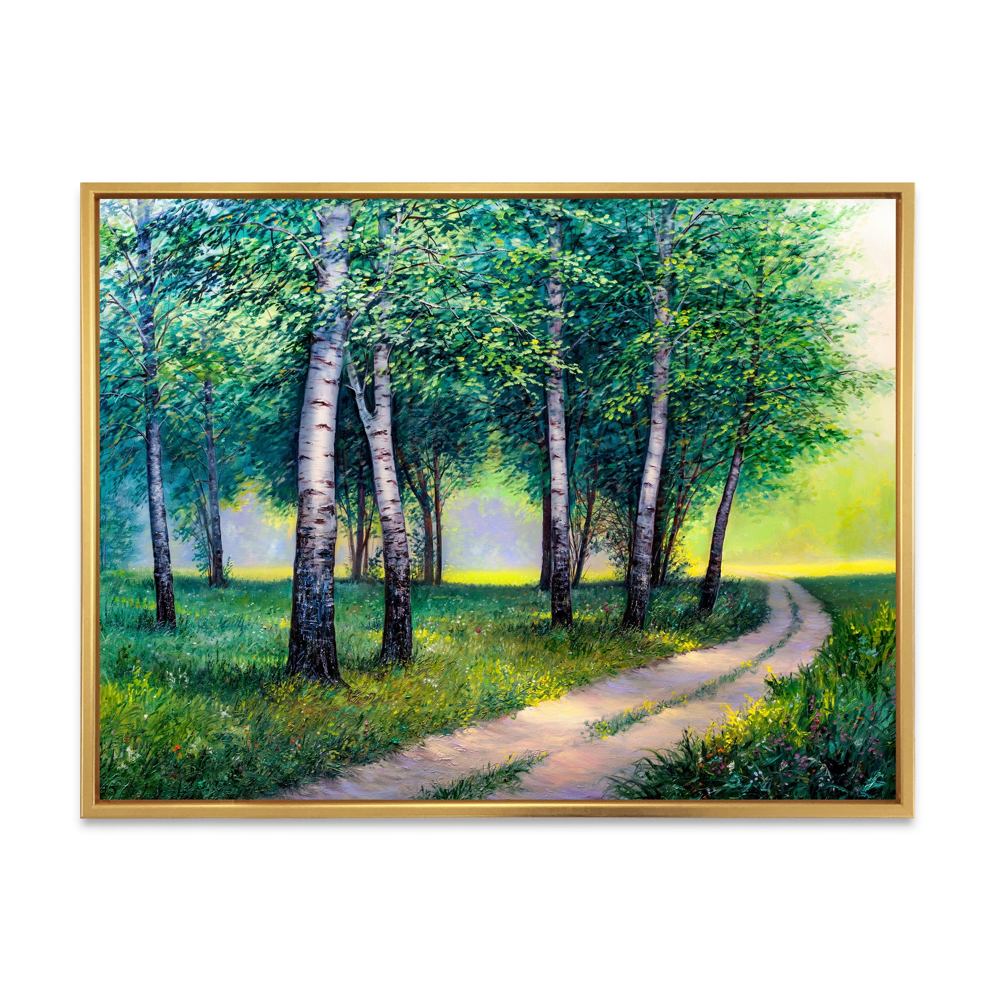 Designart 'Summer Forest Path By The Birches' Lake House Framed Canvas Wall Art Print