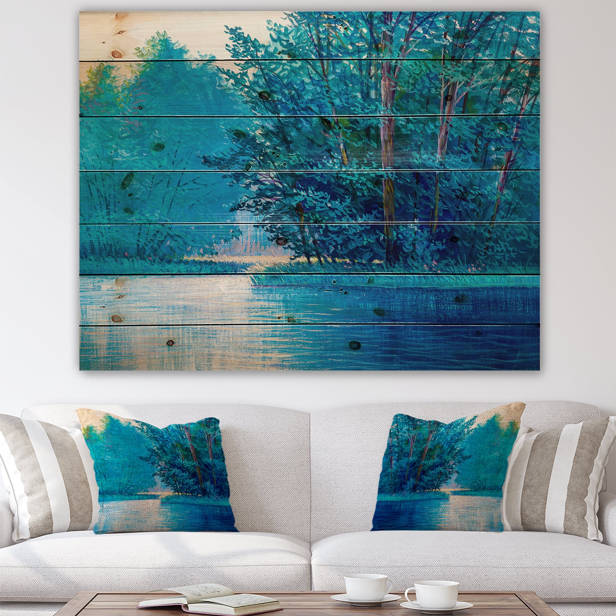 Designart 'Summer Forest With River And Waterfall' Farmhouse Print on Natural Pine Wood
