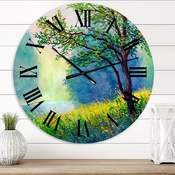 Designart 'Summer Forest With River And Waterfall' Traditional Wall Clock