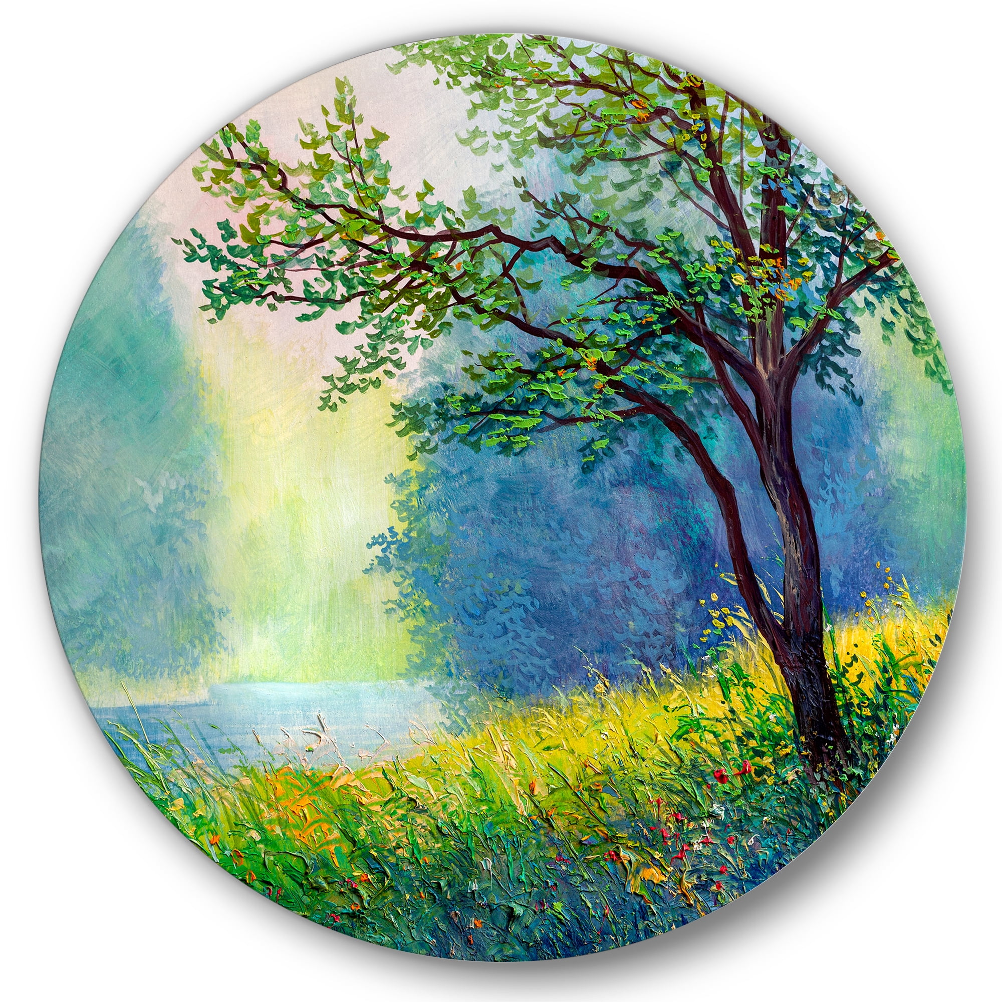 Designart 'Summer Forest With Waterfall and River ' Traditional Circle Metal Wall Art 11x11 - Disc of 11
