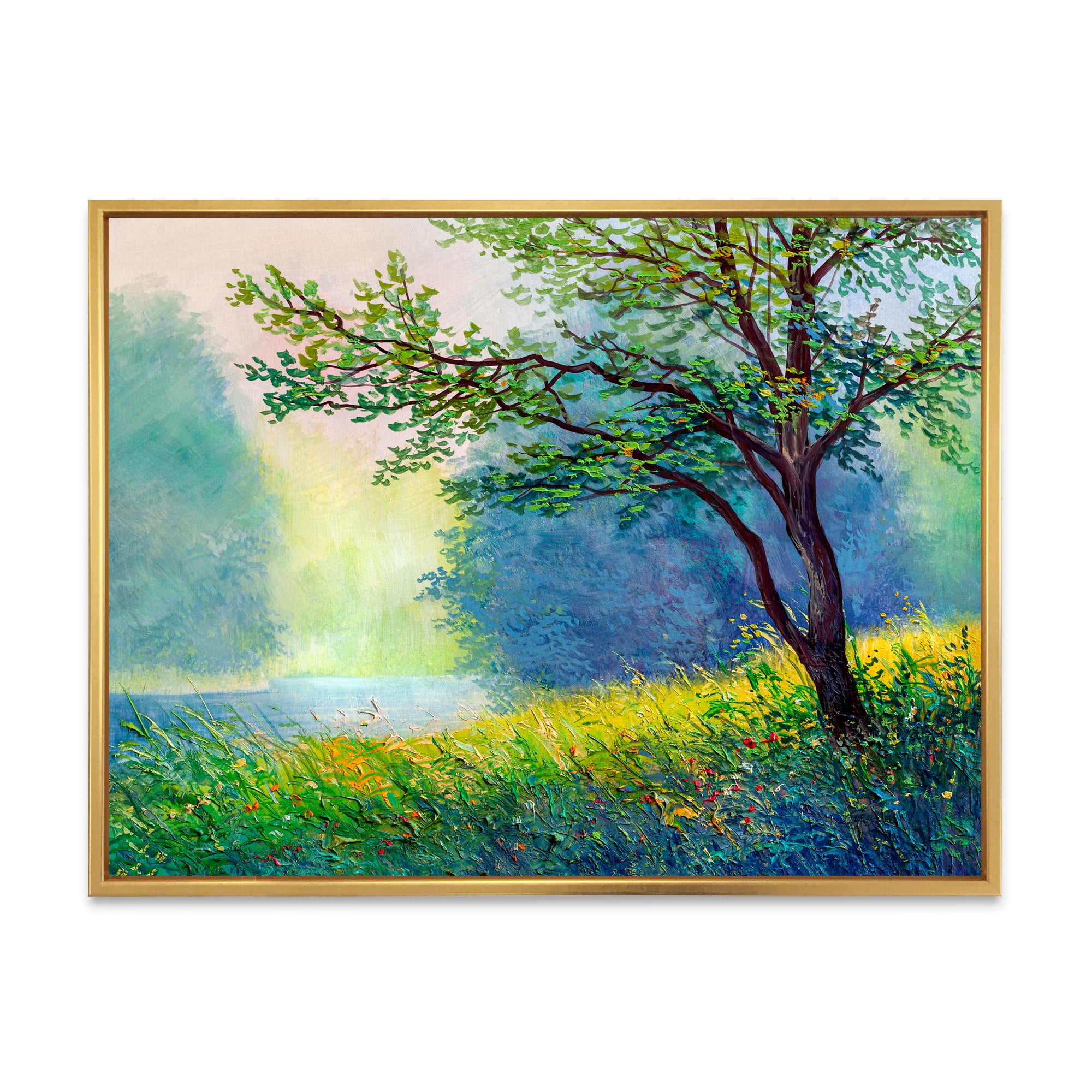 Designart 'Summer Forest With Waterfall and River ' Traditional Framed Canvas Wall Art Print