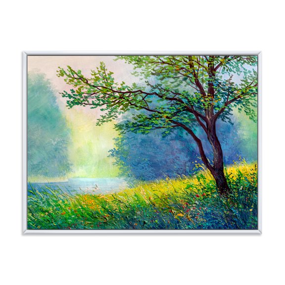 Designart 'Summer Forest With Waterfall and River ' Traditional Framed Canvas Wall Art Print