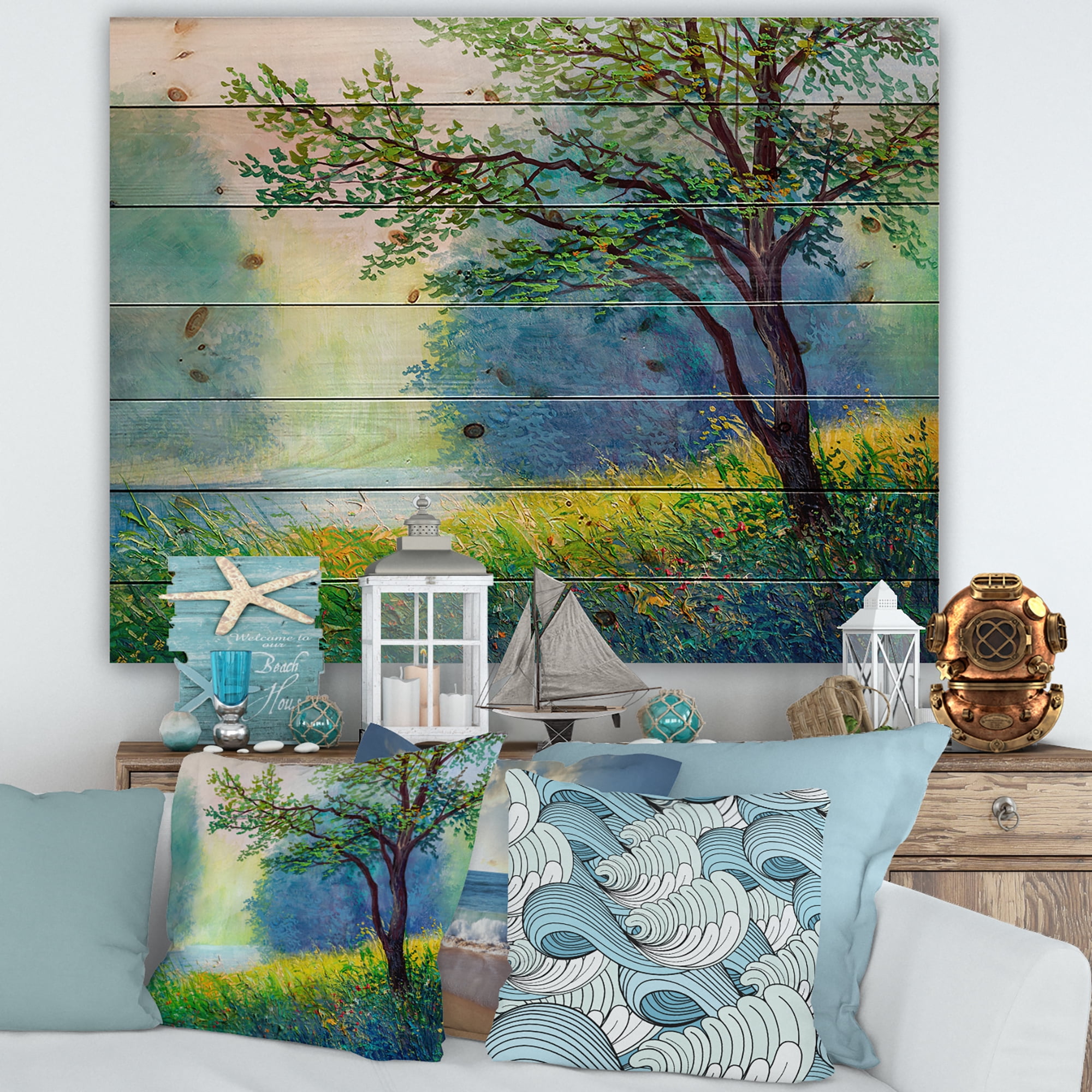 Designart 'Summer Forest With Waterfall and River ' Traditional Print on Natural Pine Wood