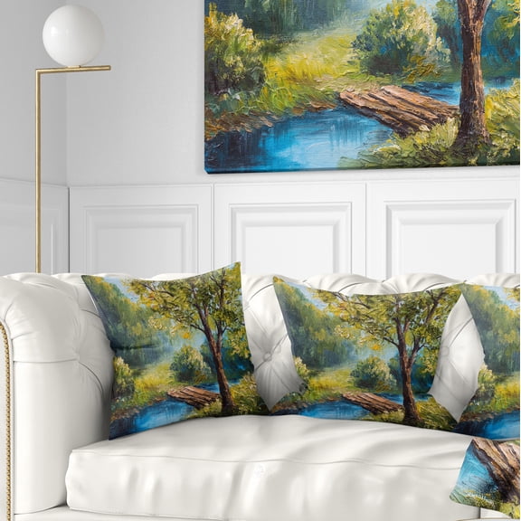 Designart Summer Forest with Beautiful River - Landscape Printed Throw Pillow - 18x18