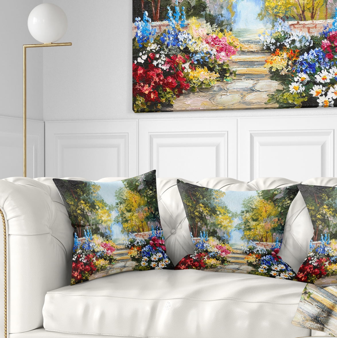 Designart Summer Forest with Flowers - Landscape Printed Throw Pillow - 18x18