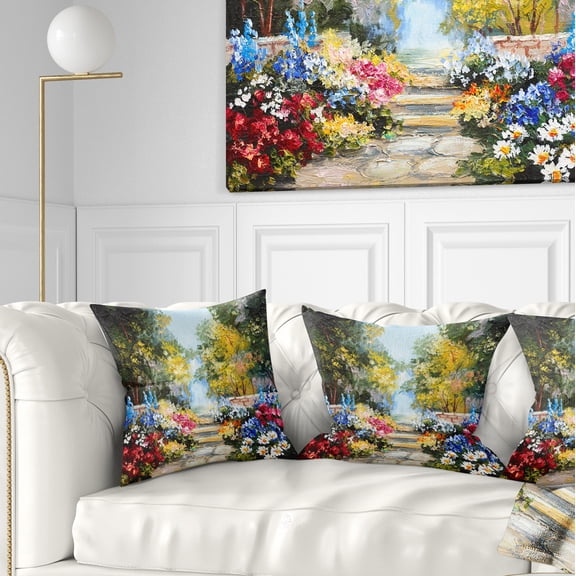 Designart Summer Forest with Flowers - Landscape Printed Throw Pillow - 18x18