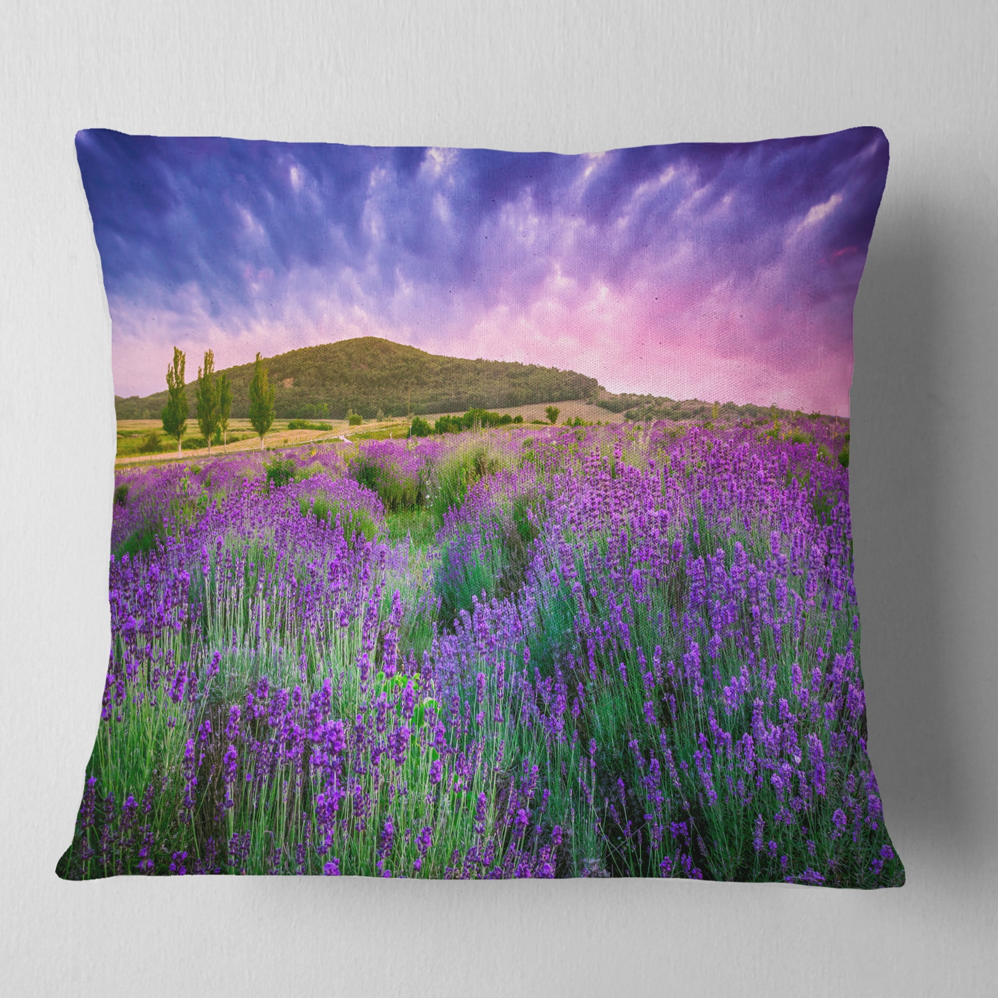 Designart Summer Lavender Field in Tihany - Modern Landscape Printed Throw Pillow - 18x18