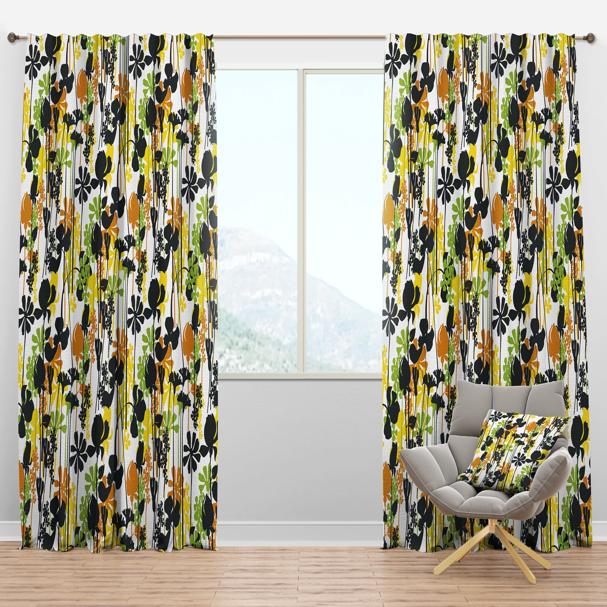 Designart 'Summer Meadow Pattern, Black silhouettes On White' Mid-Century Modern Blackout Curtain Panel