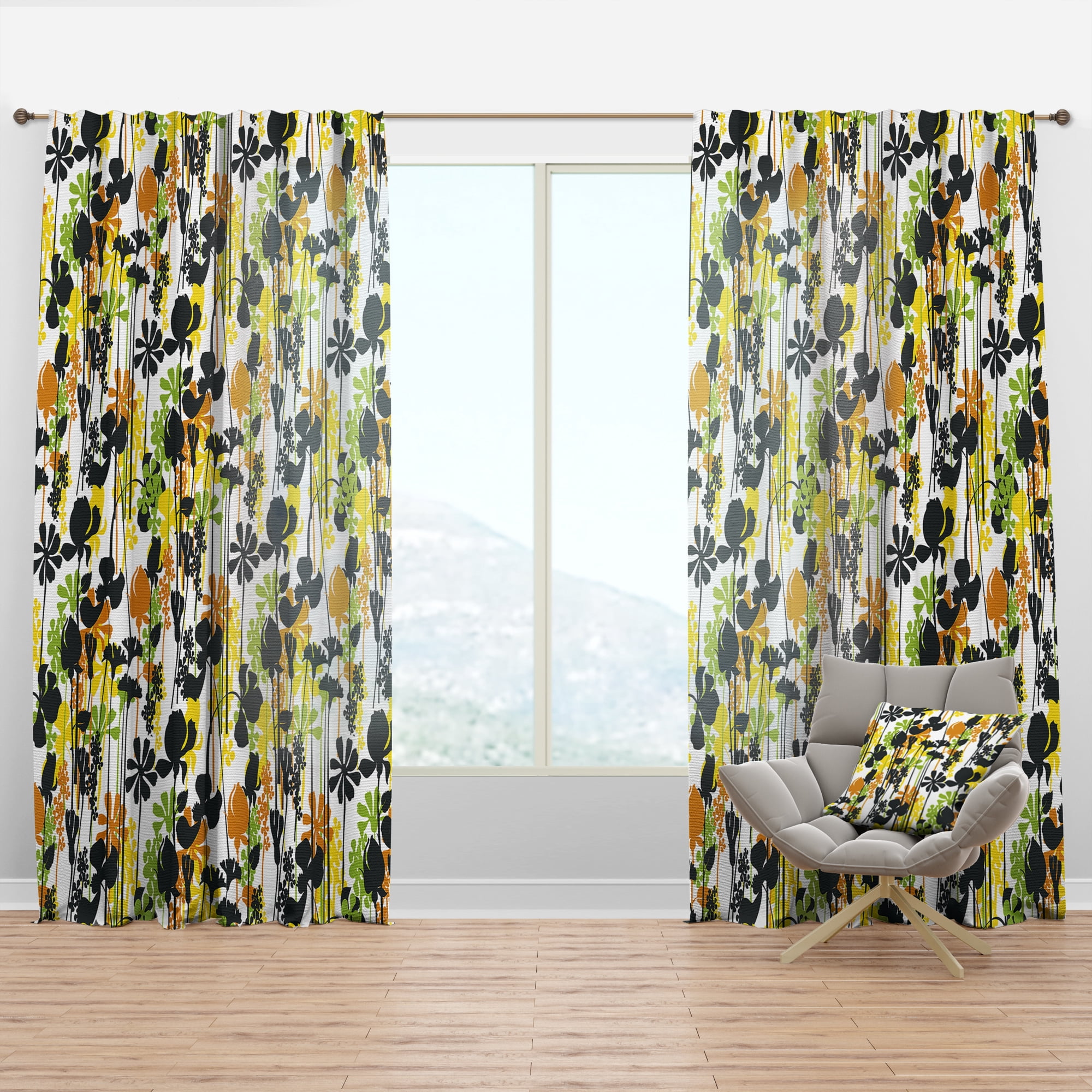 Designart 'Summer Meadow Pattern, Black silhouettes On White' Mid-Century Modern Curtain Panel