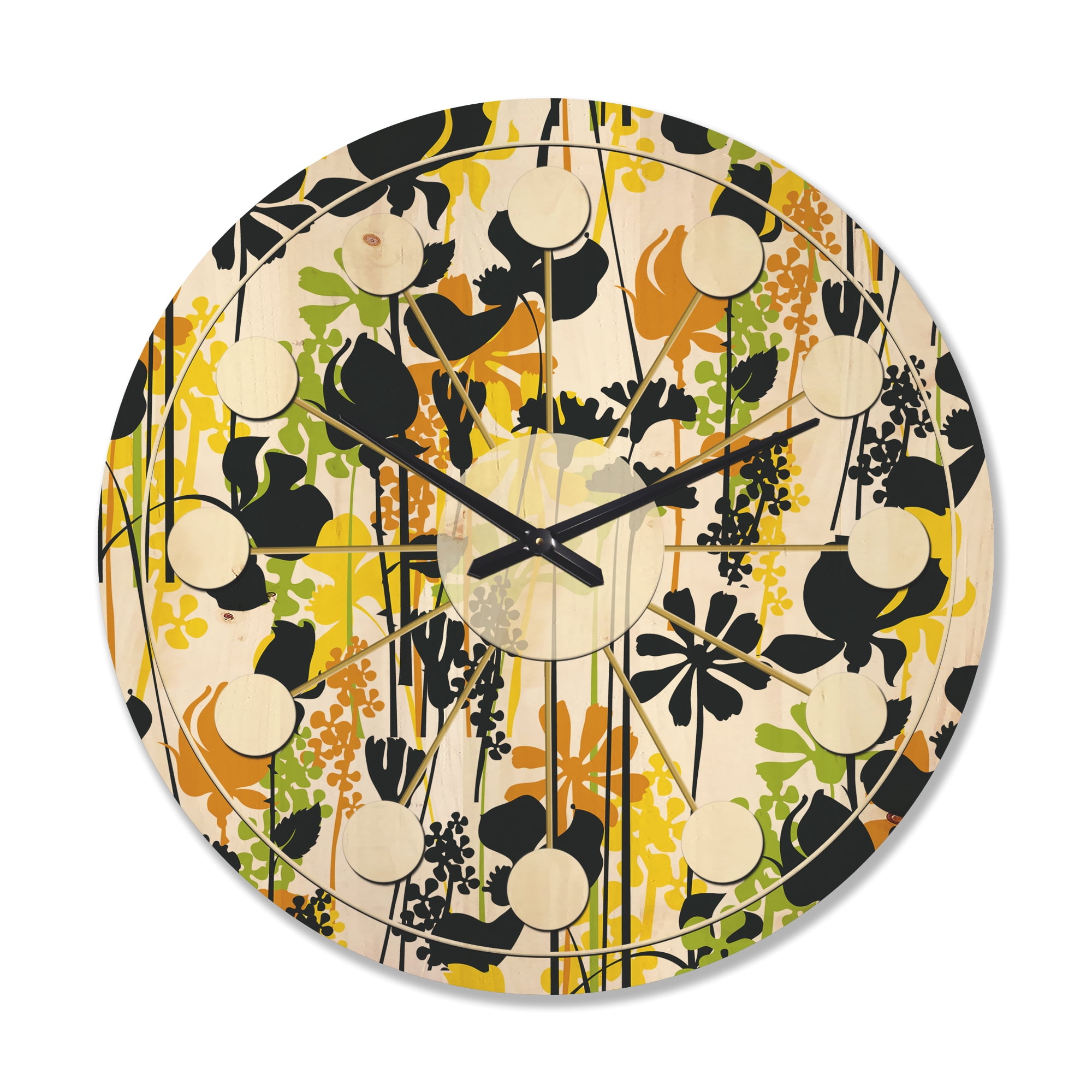 Designart 'Summer Meadow Pattern, Black silhouettes On White' Mid-Century Modern Wood Wall Clock