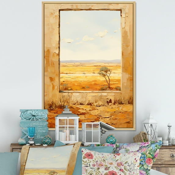 Designart "Summer Meadow View from Farmhouse Windows II" Farm Framed Wall Art - Country Yellow Farm Windows Hallway Framed Wall Art Decor