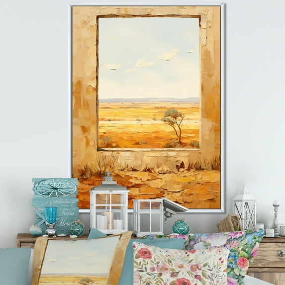Designart "Summer Meadow View from Farmhouse Windows II" Farm Framed Wall Art - Country Yellow Farm Windows Hallway Framed Wall Art Decor