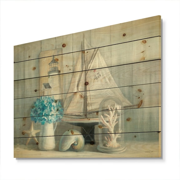 Designart 'Summer Nautical House' Nautical & Coastal Print on Natural Pine Wood