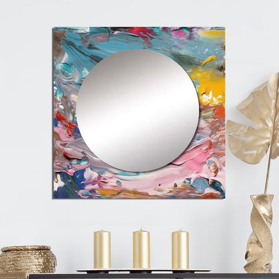 Designart "Summer Pastel Vibe Abstract Expressionism I" Abstract Painting Square Mirror For Wall Decor - Large Pink Square Printed Wall Mirror Art - Wall Mounted Square Large Mirror