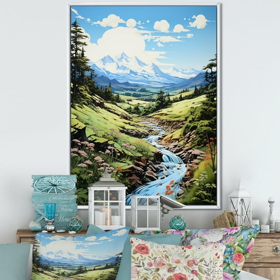 Designart "Summer Peaks Pastoral Green Mountain Serenity III" Cottage Floater Framed Wall Art Print