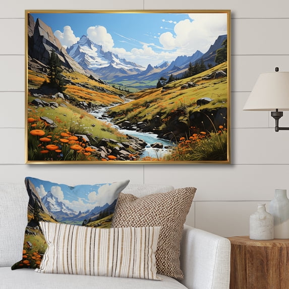 Designart "Summer Peaks Pastoral Green Mountain Serenity V" Landscapes Floater Framed Wall Art Living Room