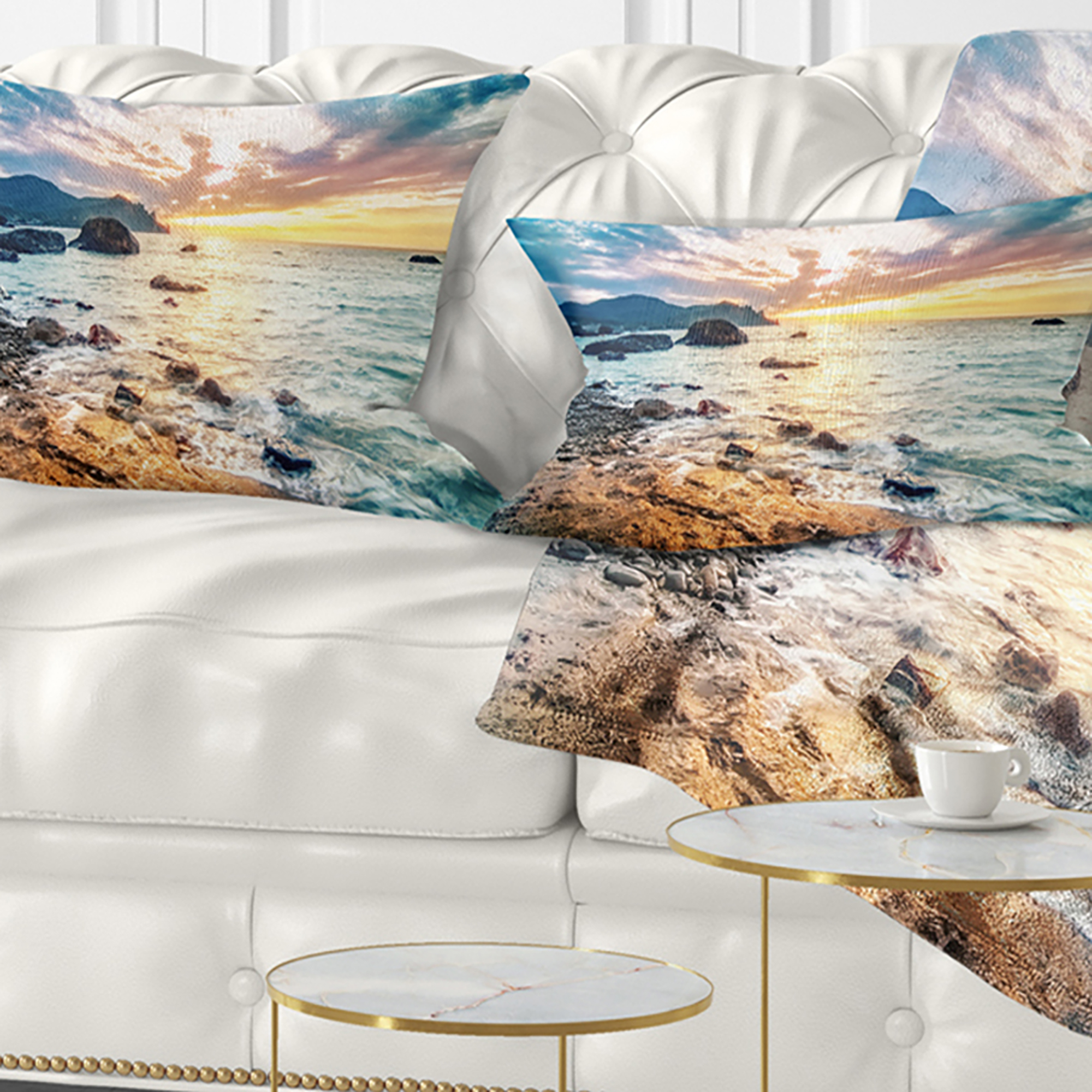 Designart Summer Sea with Mountains and Waves - Seashore Throw Pillow - 12x20