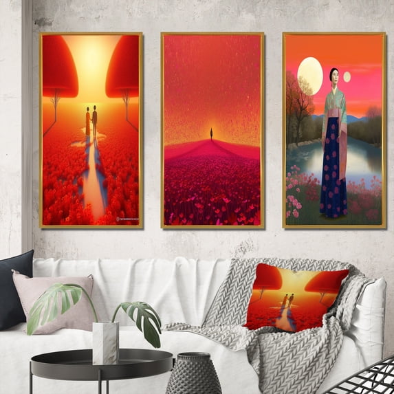 Designart "Summer Stroll Walking in Poppie Fields I" Asian Art Framed Wall Art Set Of 3 - Red Global Frame Gallery Wall Set For Home Decor