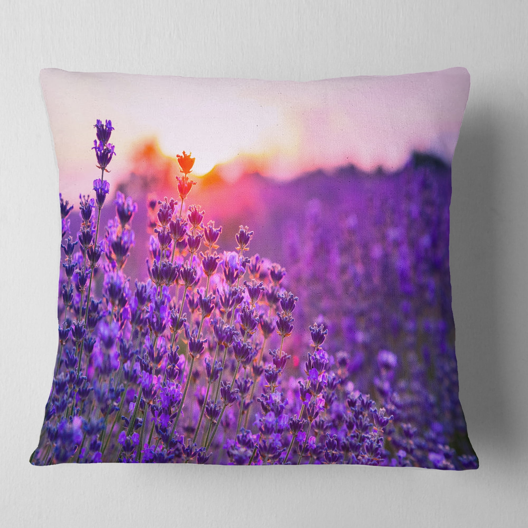Designart Summer Sunset over Lavender Field - Floral Throw Pillow - 16x16