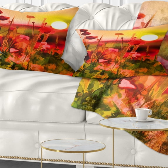 Designart Summer Sunset with Red Poppies - Landscape Printed Throw Pillow - 12x20