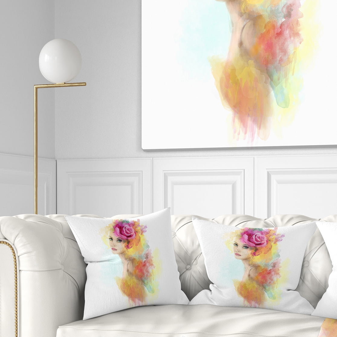 Designart Summer Woman with Flowers - Floral Painting Throw Pillow - 16x16