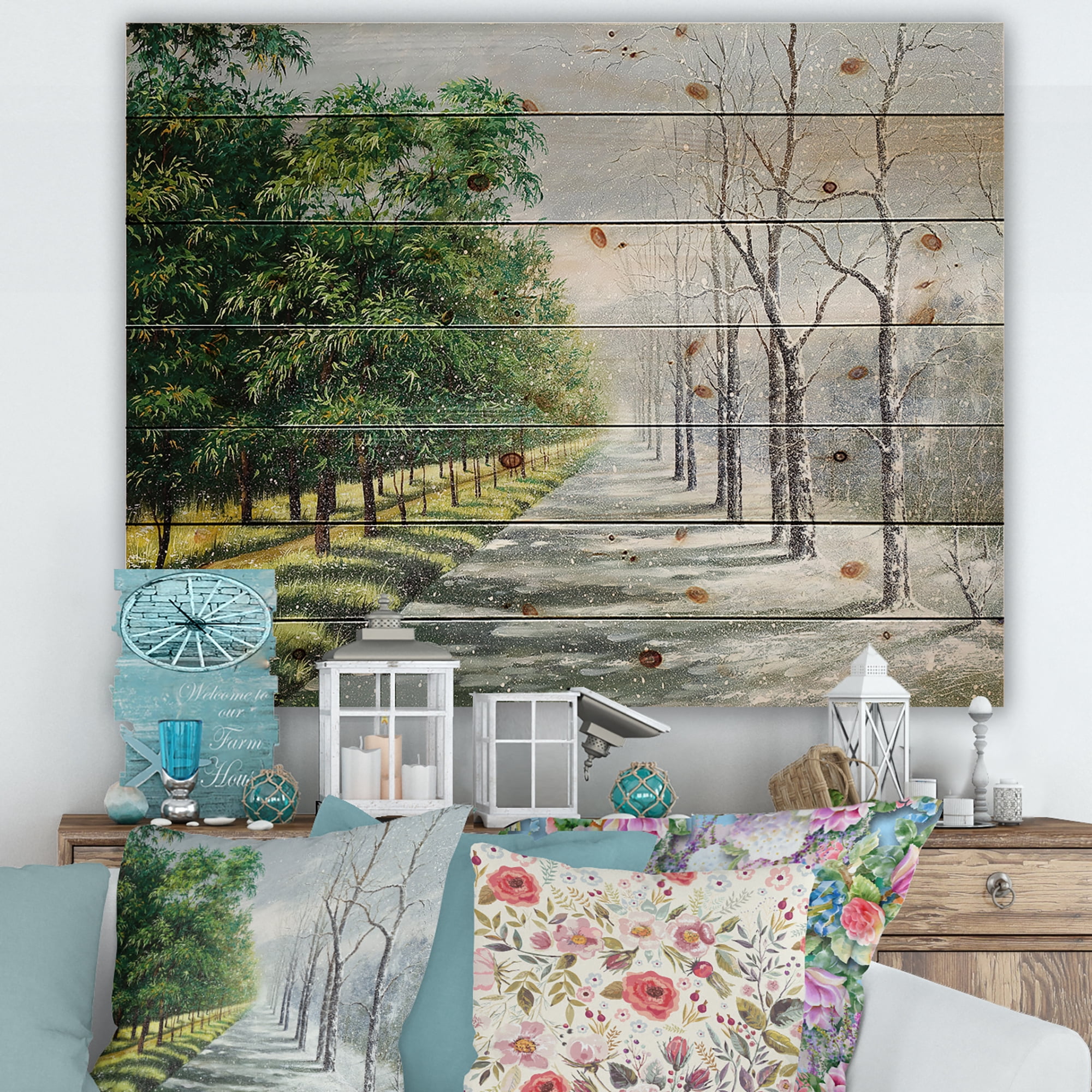 Designart 'Summer and Winter United' Country Print on Natural Pine Wood