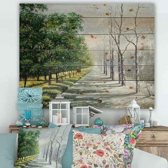 Designart 'Summer and Winter United' Country Print on Natural Pine Wood