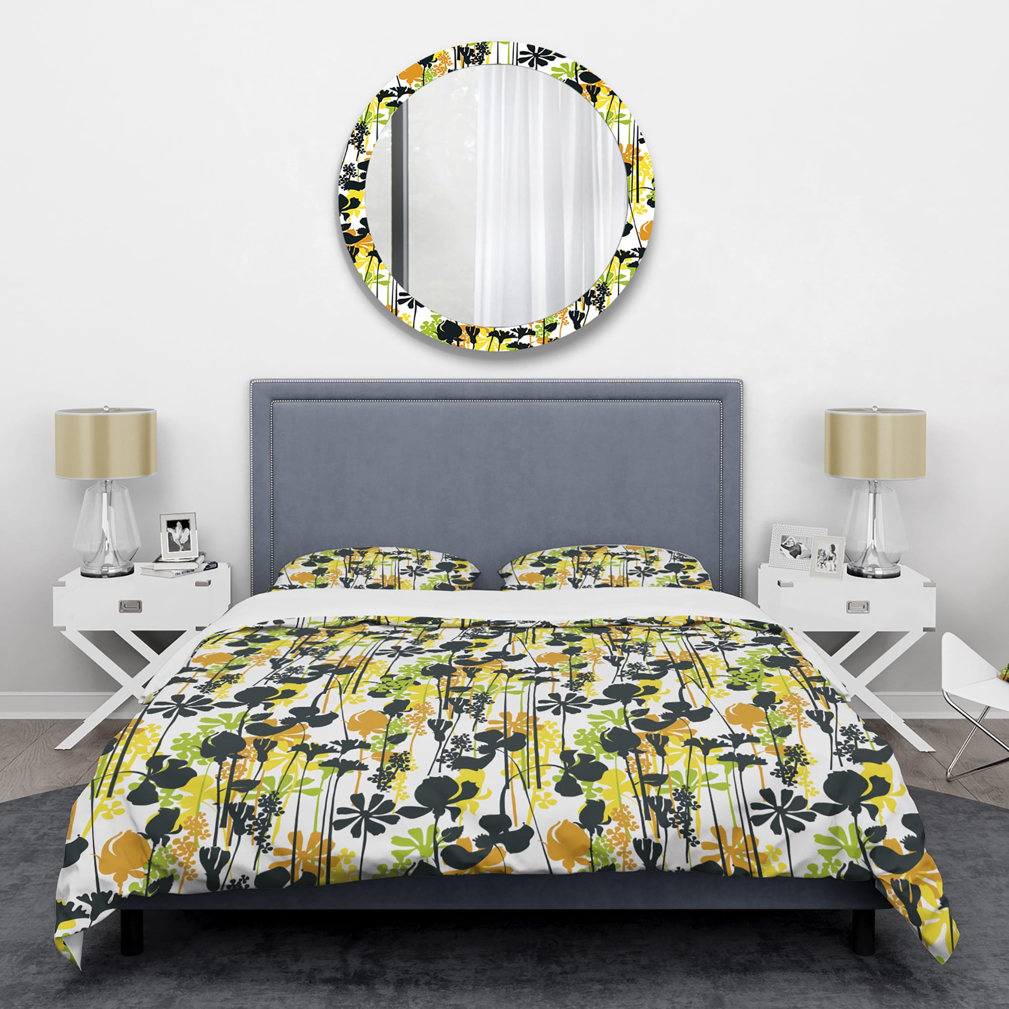 Designart 'Summer meadow pattern, black silhouettes' Mid-Century Modern Duvet Cover Set