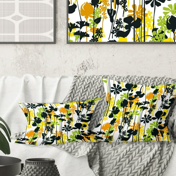 Designart Summer meadow pattern, black silhouettes' Mid-Century Modern Throw Pillow - 18x18