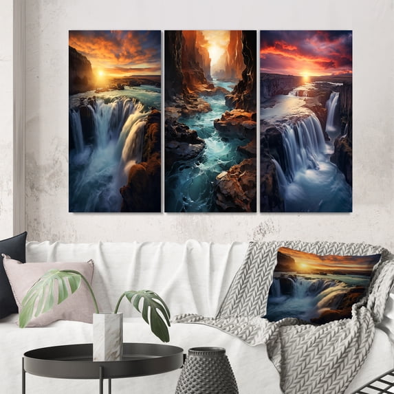 Designart "Summery Sunset Cascading over Majestic Waterfalls I" Waterfall Wall Art Set Of 3 - Traditional Yellow Gallery Wall Set For Home Decor