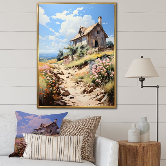 Designart "Summit Cottage in the French Alps I" Landscapes Framed Wall Art - Coastal Brown Landscape Cottage Entryway Framed Wall Art Print