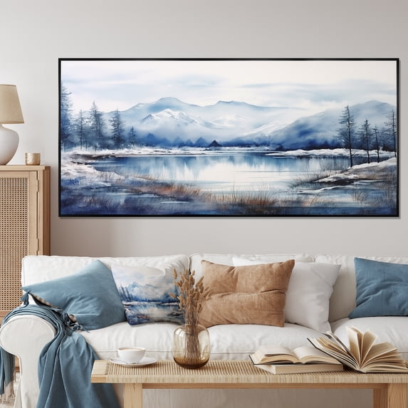 Designart "Summit Serenity Blue and White Japan Mountains" Oversized Landscapes Framed Wall Art - Traditional Blue Japan Living Room Framed Canvas Art