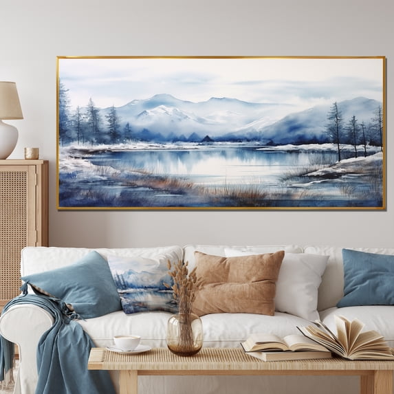 Designart "Summit Serenity Blue and White Japan Mountains" Oversized Landscapes Framed Wall Art - Traditional Blue Japan Living Room Framed Canvas Art