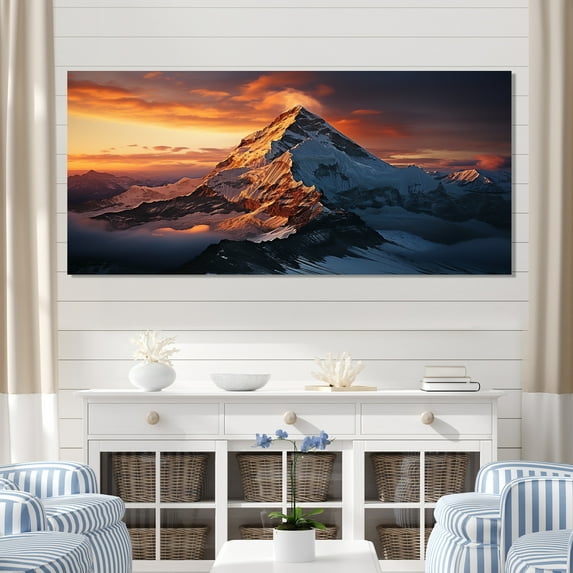 Designart "Summit View of Snowy Mountains in Grey Everest II" Extra Large Landscapes Wall Art - Country Yellow Mountains Entryway Wall Art