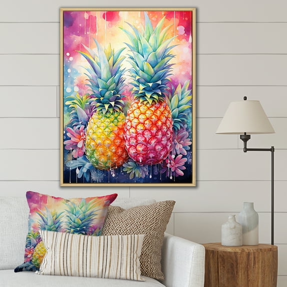 Designart "Sun-Filled Pineapple Tropics In Abundance I" Pineapples Floater Framed Wall Decor