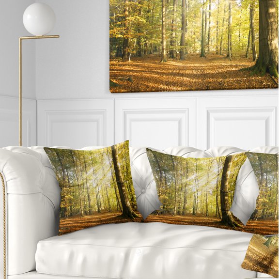 Designart Sun Rays Hitting Forest - Landscape Photography Throw Pillow - 18x18