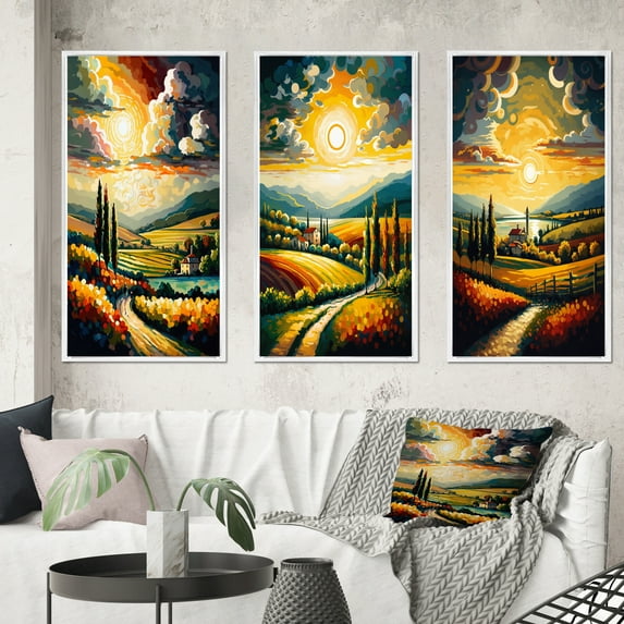 Designart "Sun Rays Through Clouds III" Landscape Mountains Framed Wall Art Set Of 3 - Yellow Mountains Frame Gallery Set For Office Decor