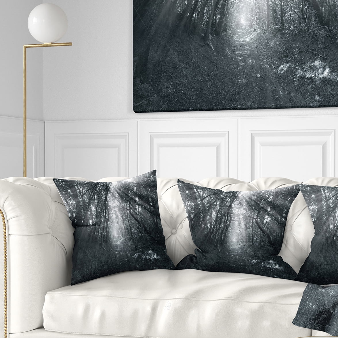 Designart Sun Rays Through Gray Trees - Landscape Photography Throw Pillow - 16x16