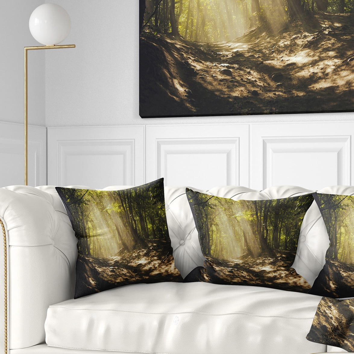 Designart Sun Rays Through Green Trees - Landscape Photography Throw Pillow - 16x16
