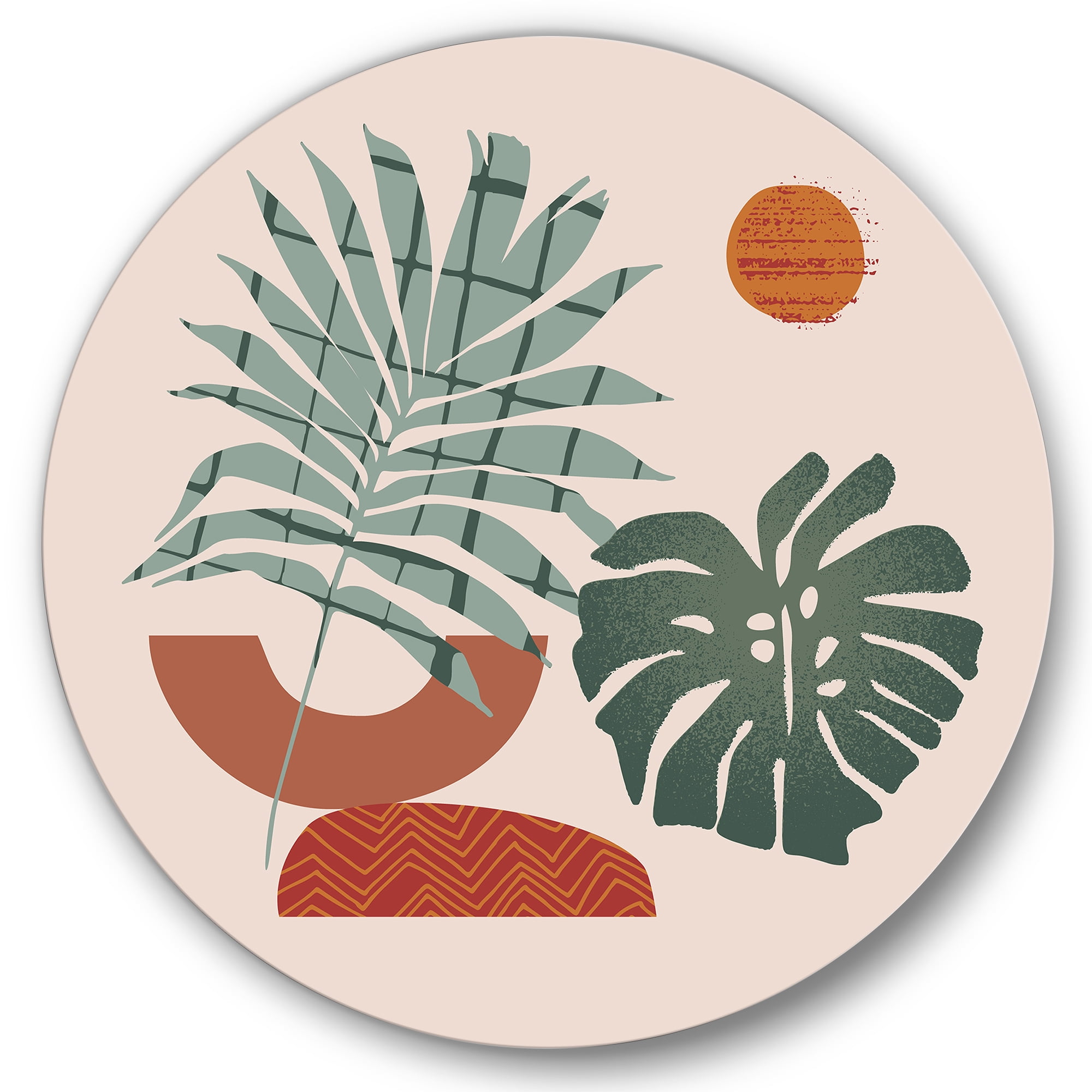 Designart 'Sun and Moon Shapes In Retro Green & Terracotta Tone' Modern Circle Metal Wall Art 29x29 - Disc of 29